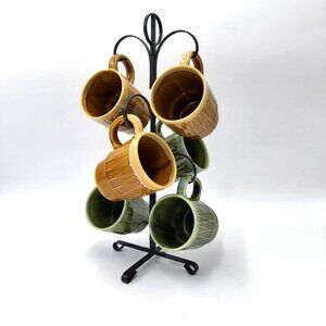 Mug Tree-6 Mugs-Brown and Green Drip Glaze-Stoneware-Made in Japan-Vintage 1970s